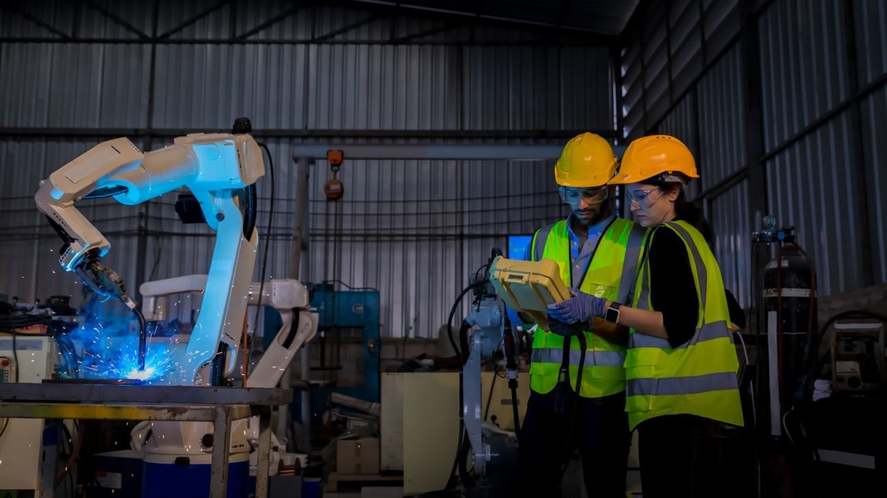 Engineer checking industrial robotic arms in an automated manufacturing cell