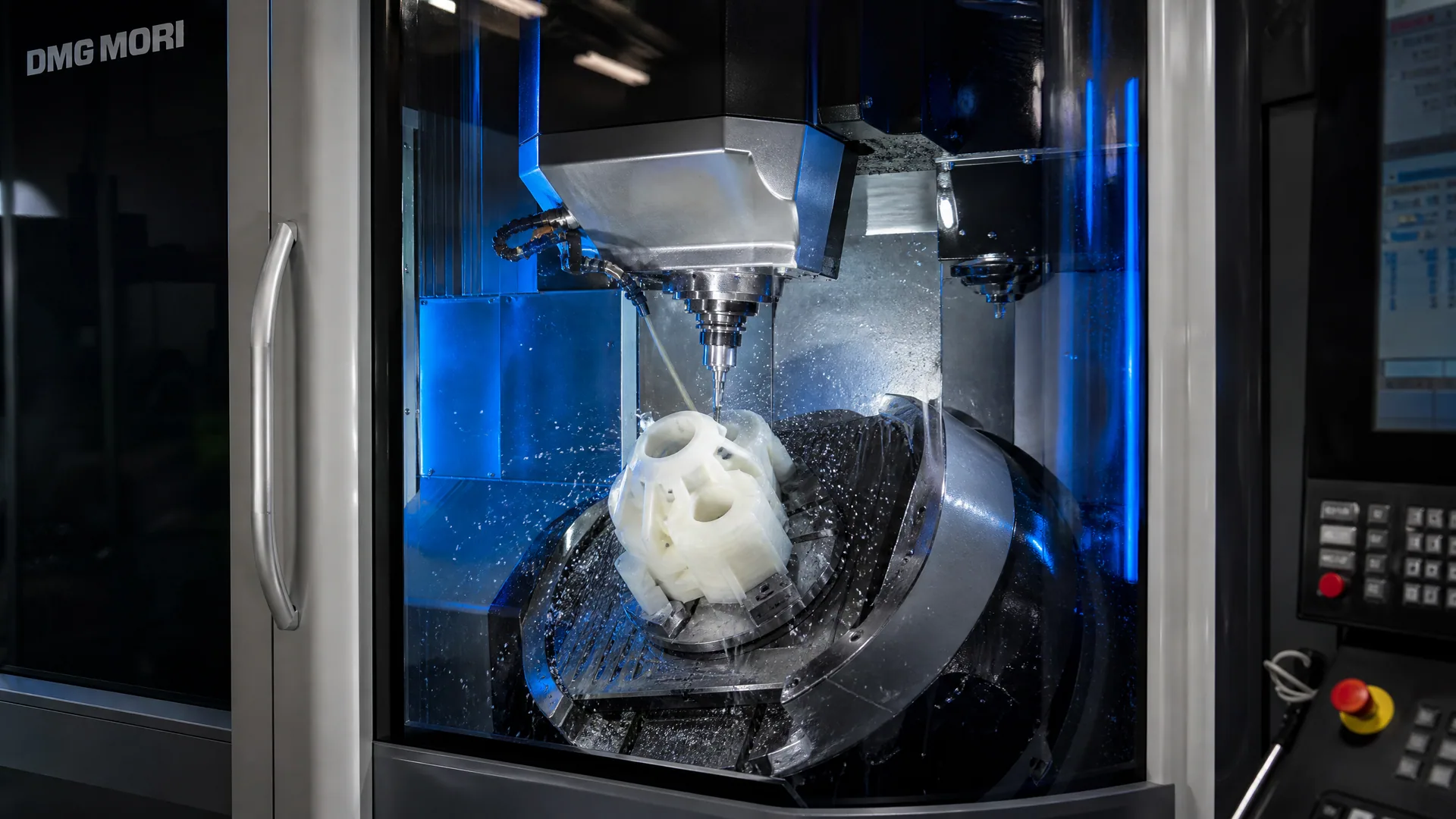 Five-axis CNC machining of a complex nylon component