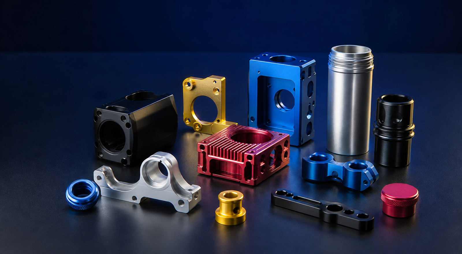 Colorful anodized aluminum CNC machined parts in red, blue, green, and gold finishes