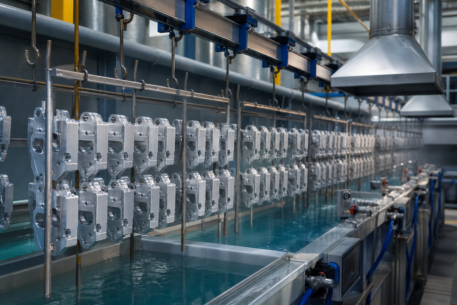 Large industrial aluminum anodizing facility with multiple processing tanks