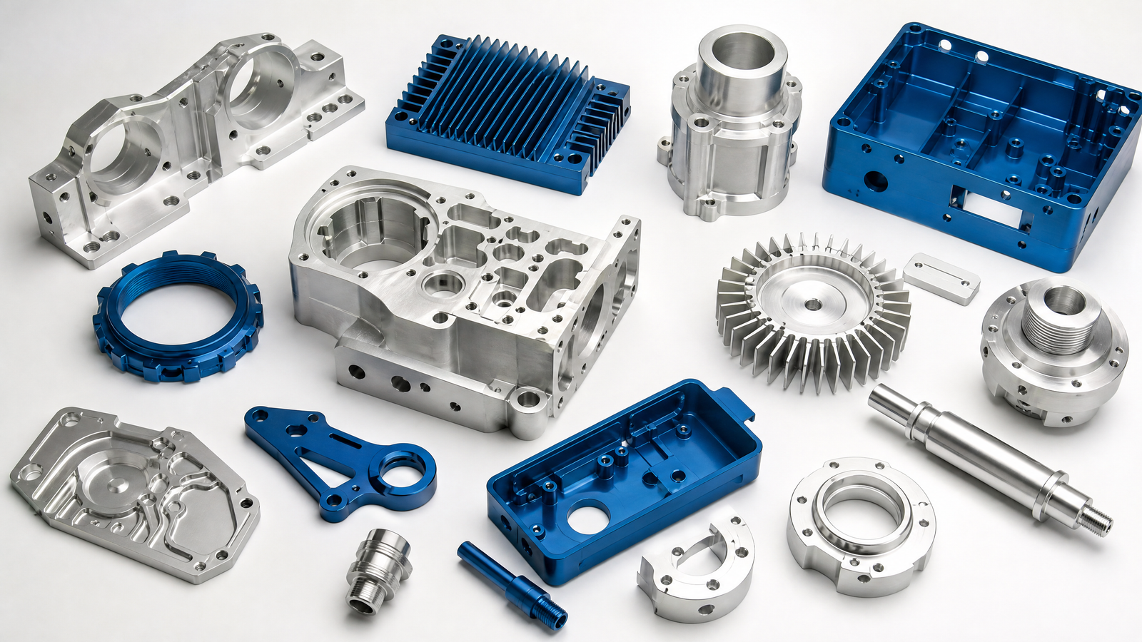 Custom CNC machined aluminum parts with natural and blue anodized finishes