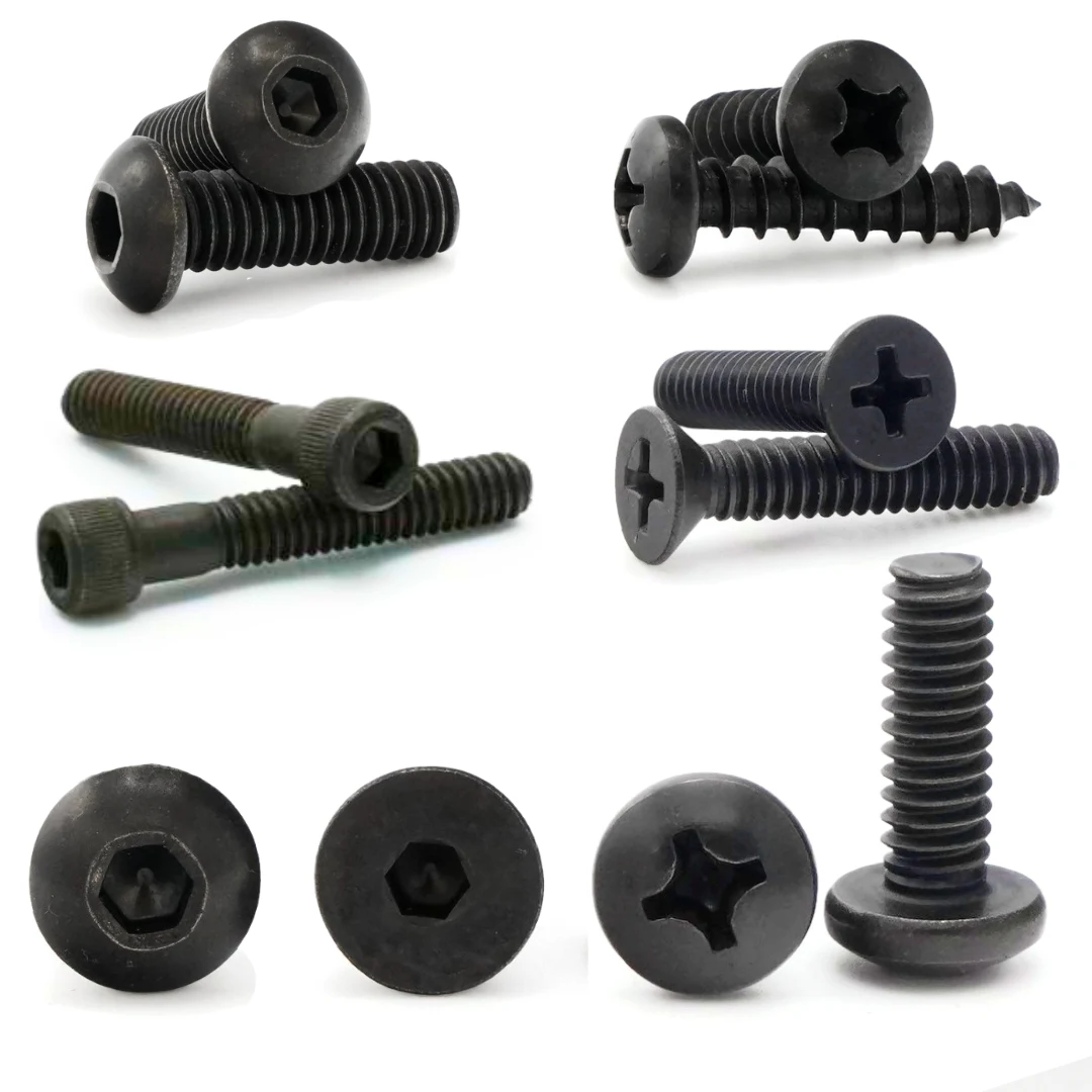 Black oxide coated stainless steel fasteners including screws and bolts