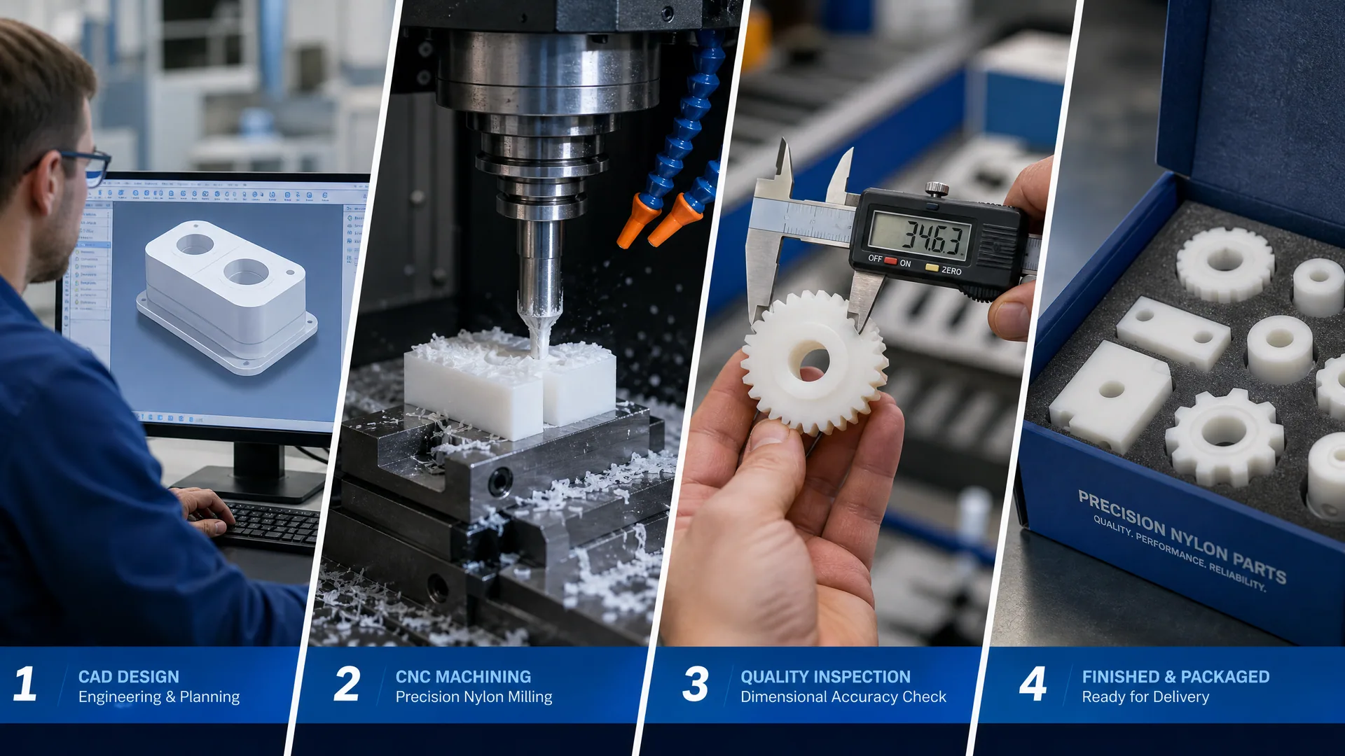 Four-step nylon CNC machining process from CAD review through machining, inspection and packaging