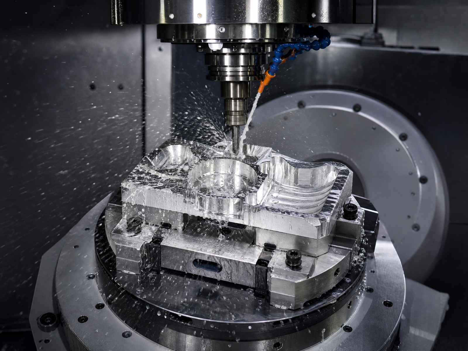 CNC milling process cutting a complex aluminum component