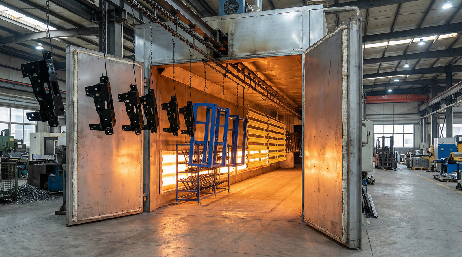 Metal parts entering a powder coating curing oven
