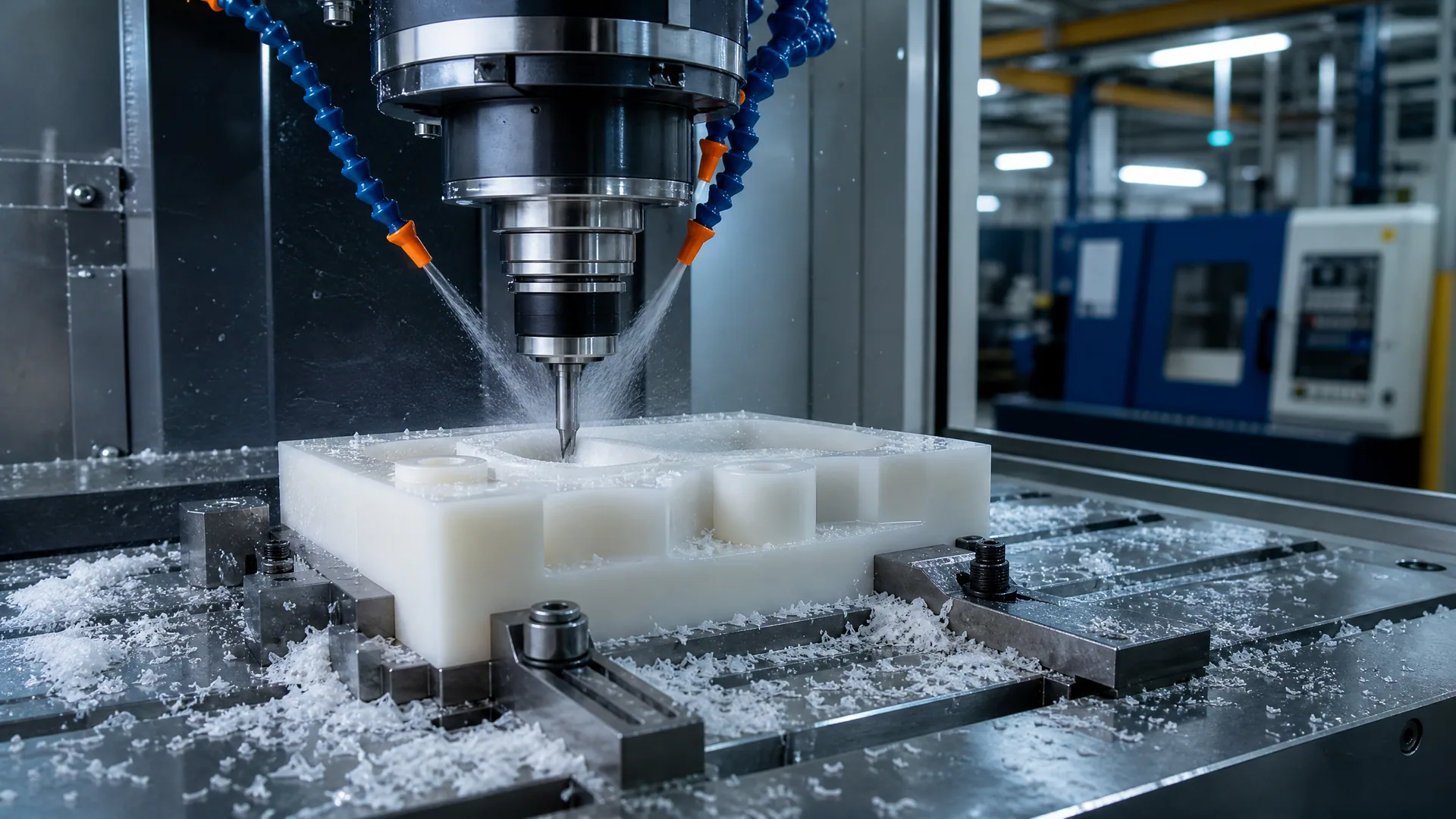 CNC milling machine cutting a white nylon component with visible spindle, workpiece and chips