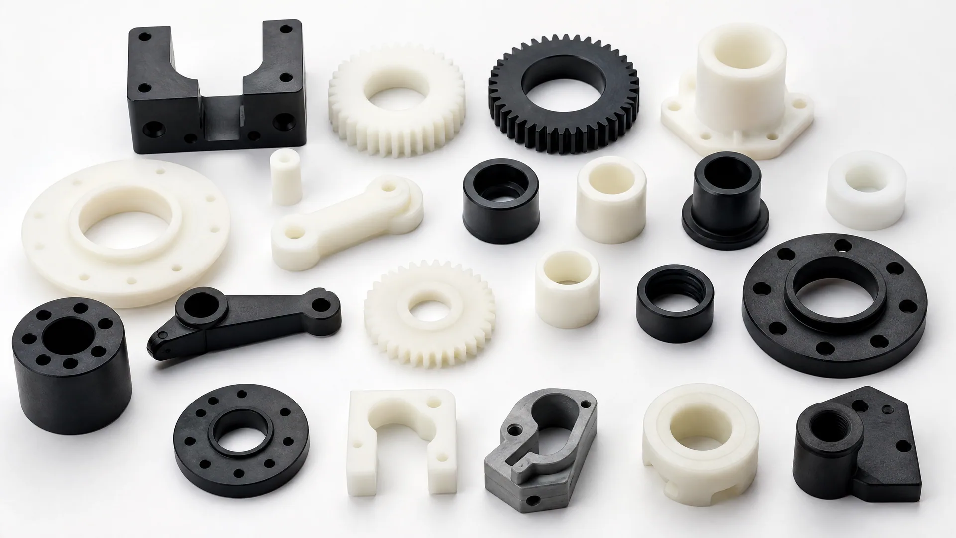 Collection of precision CNC machined nylon parts including gears, bushings, brackets and flanges