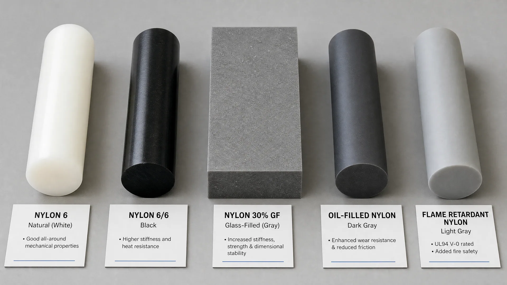Comparison of Nylon 6, Nylon 6/6, glass-filled nylon, oil-filled nylon and flame-retardant nylon stock
