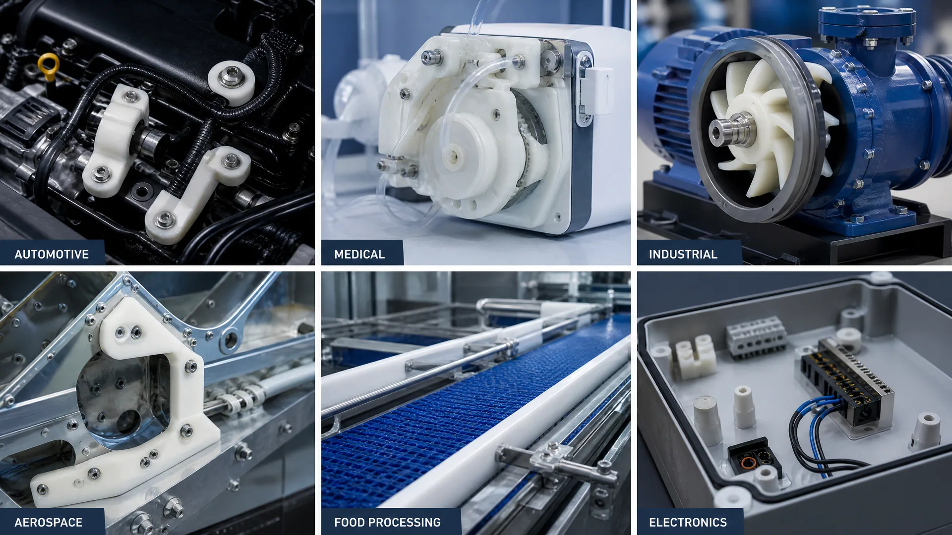 CNC machined nylon parts used in automotive, medical, industrial, aerospace, food processing and electronics applications
