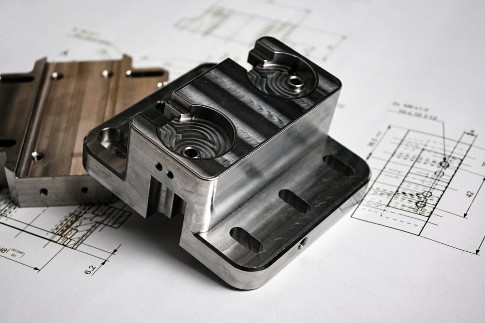 Precision machined components checked against an engineering drawing
